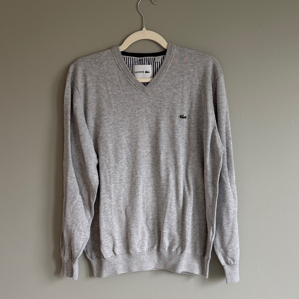 Lacoste Men's Light Gray V-Neck Sweater with Crocodile Logo